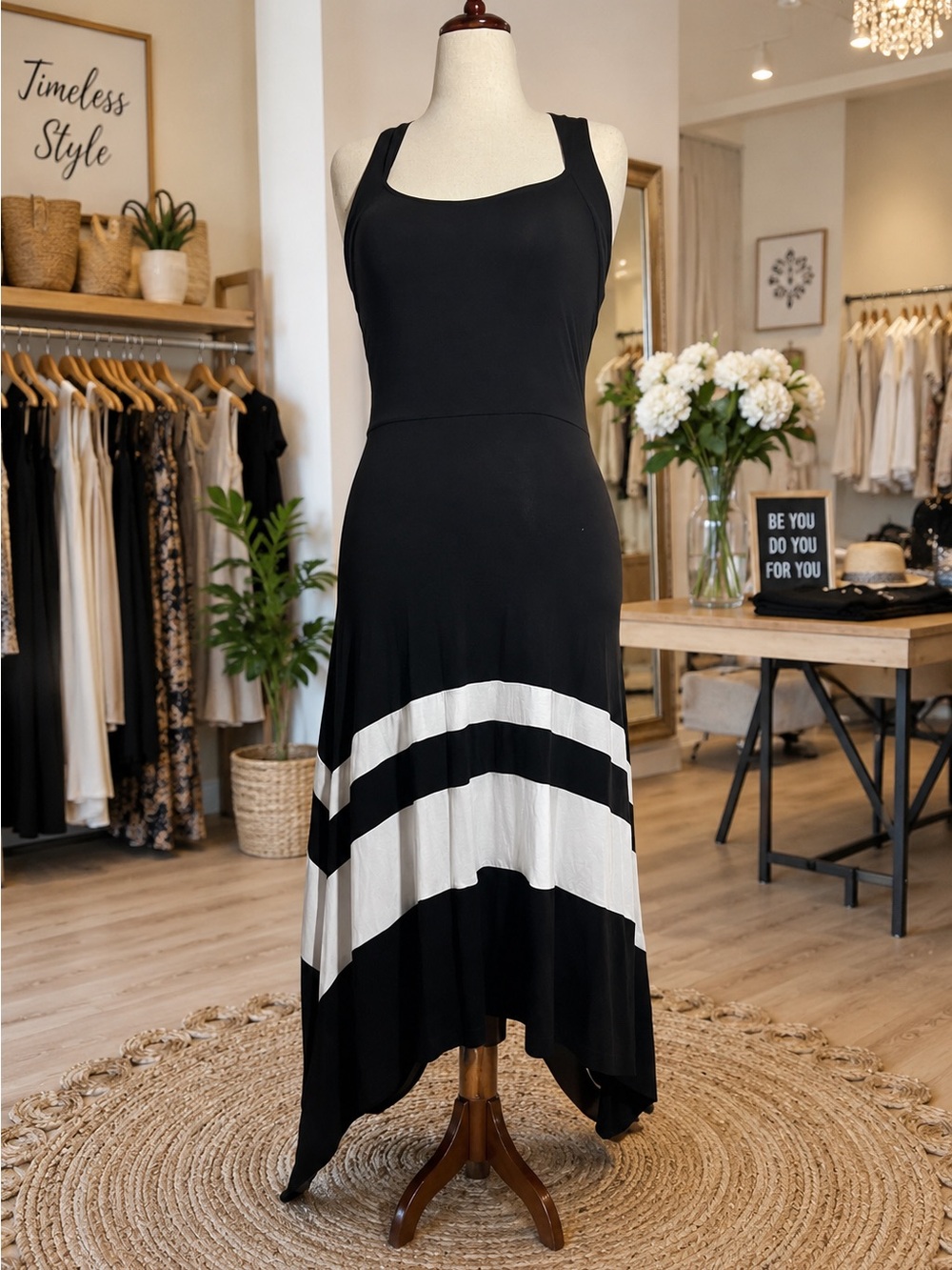 VENUS Black & White Striped Maxi Dress Size S Criss Cross Back Handkerchief Hem